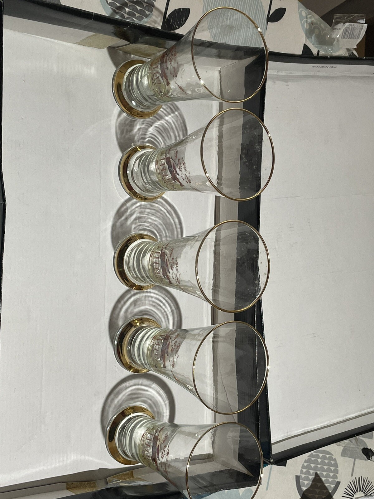 5 Glasses of Vintage Pilsner Beer Glasses Hunting Scene Horse and