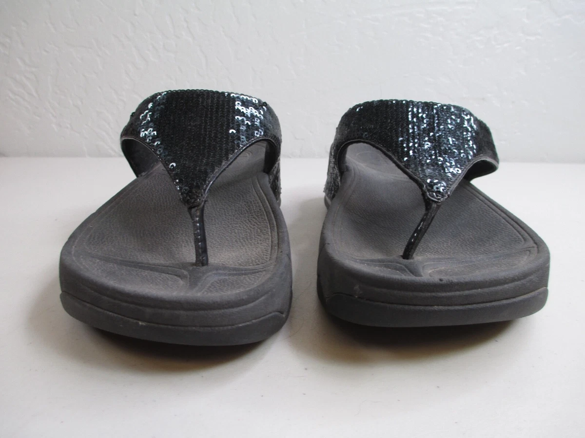 FitFlop Black Sequin Womens Electra Classic Flip Flop Sandals Size