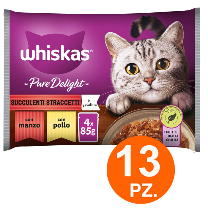 Whiskas Pure Delight Succulenti Straccetti Cibo Gatti Pollo Manzo 52 bustine