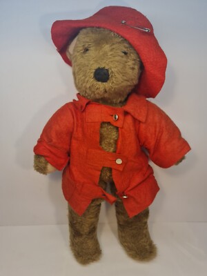 Vintage/alte braune Plüsch Teddybär Figur aus Stofftier - im roten Mantel und Hut