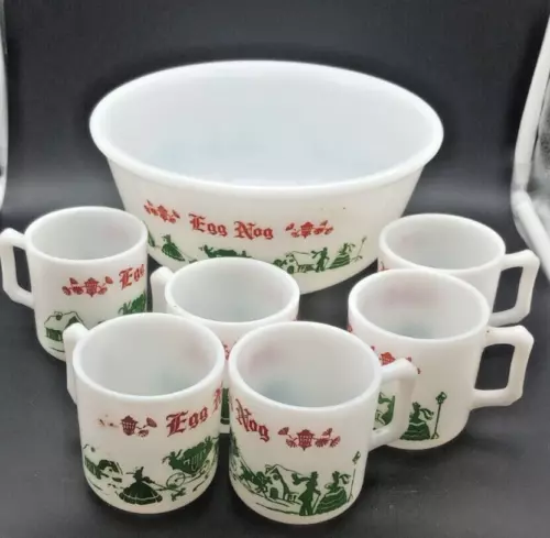 Vintage Hazel Atlas Milk Glass Christmas Egg Nog Set Punch Bowl And 6 Mugs