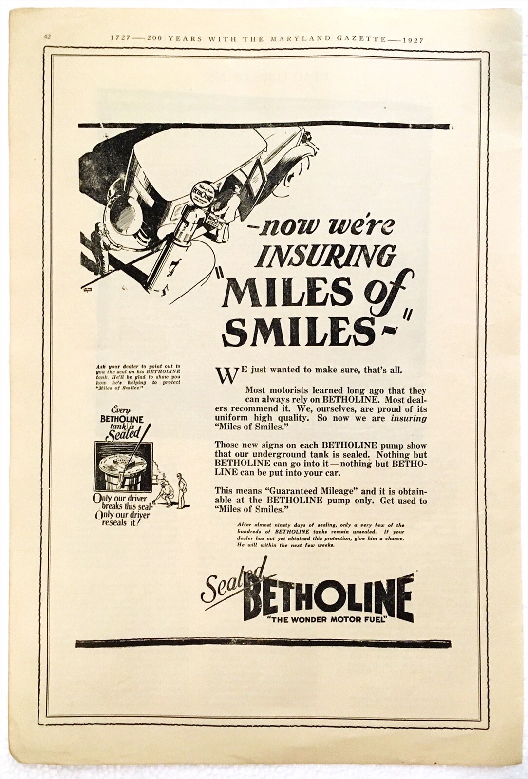 Vintage Print Ad Baltimore Maryland Betholine Motor Fuel Original 1927