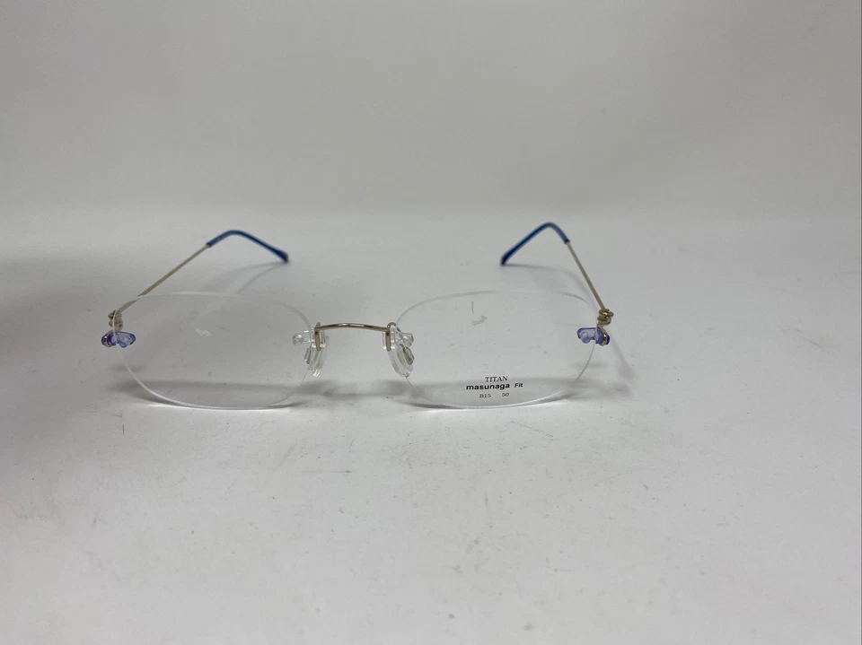 MASUNAGA RIMLESS TITANIUM EYEGLASSES FIT-1 B15 50/20 M1 No 8 BLUE GOLD QM35 - Image 3 of 4