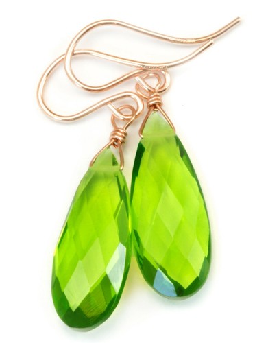 Green Simulated Peridot Earrings Teardrop Long Simple Sterling 14k Solid Gold - Picture 11 of 12