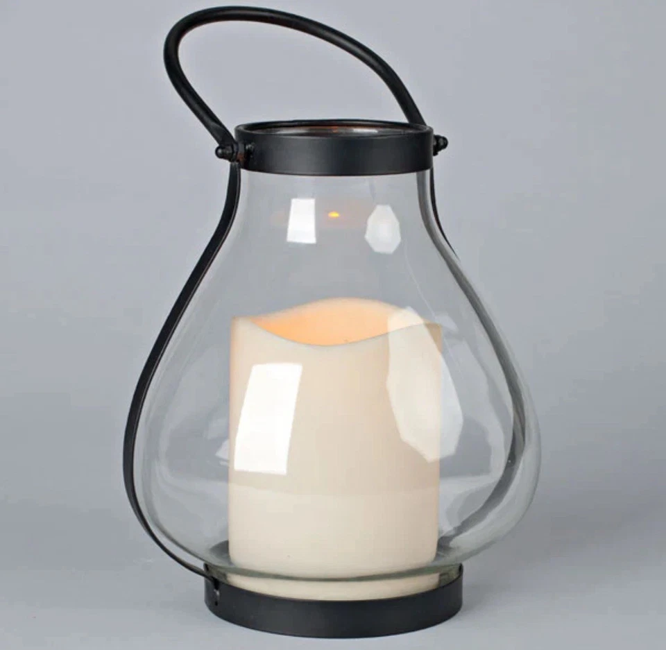 Par de linternas de vidrio de metal negro portavelas lágrimas para interiores y exteriores FS Foto 3 de 4