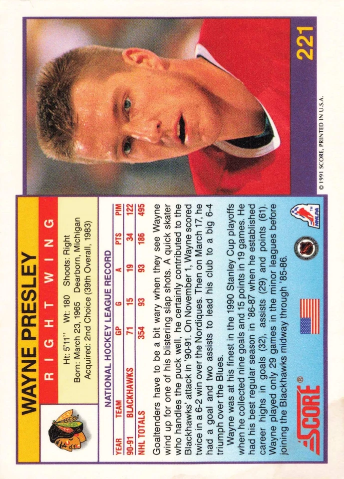 Wayne Presley 1991-92 Score American #221 Chicago Blackhawks Hockey - Image 2 of 2