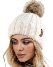 Womens Winter Knitted Beanie Hat with Faux Fur Pom Poms Warm Knit Skull Cap f...