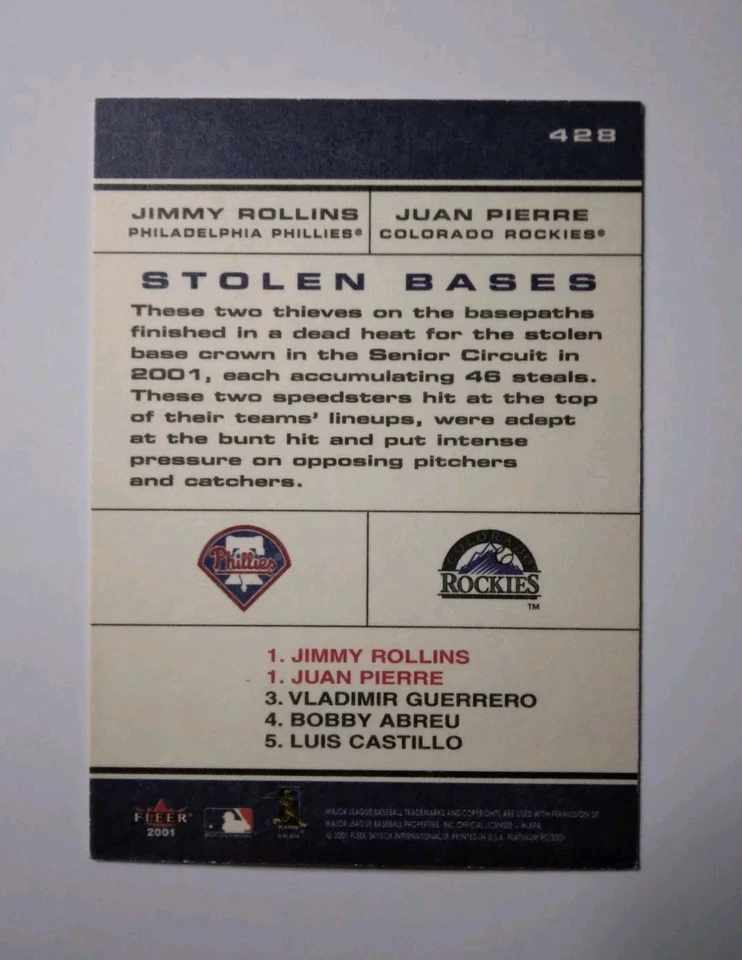 JIMMY ROLLINS JUAN PIERRE ROOKIE CHART TOPPERS STOLEN BASES 2001 FLEER PLATINUM - Image 2 of 2