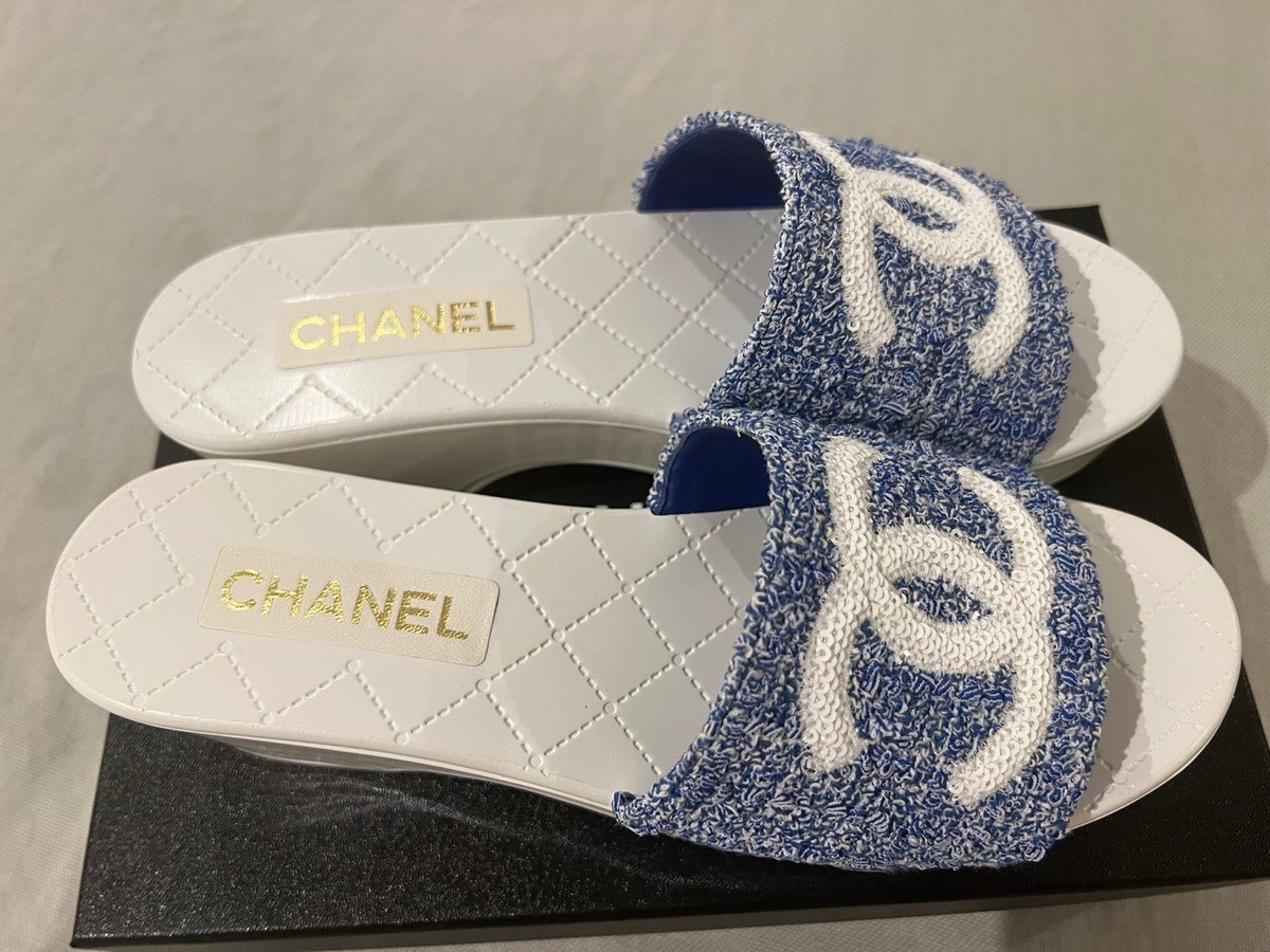 CHANEL / サンダル/35/BLU Chanel Platform Mules Blue & White Tweed Slide Sandals – Size 41