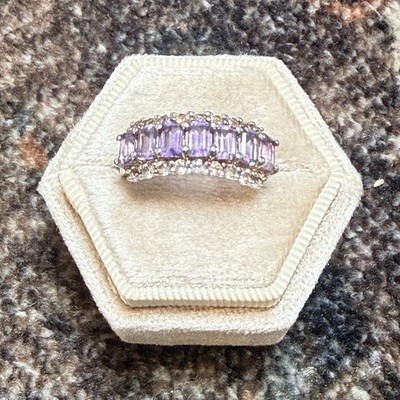 925 Sterling Silver Amethyst & Diamond Prong Band Ring Size 8 cocktail/statement
