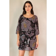Express Paisley Print Dress Black Purple Sheer Overlay Blouson Sleeve S