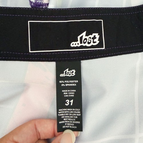 Lost Highline 80er lila weiß pink grün Gitter Kugel Boardshorts Small 31  - Bild 9 von 10