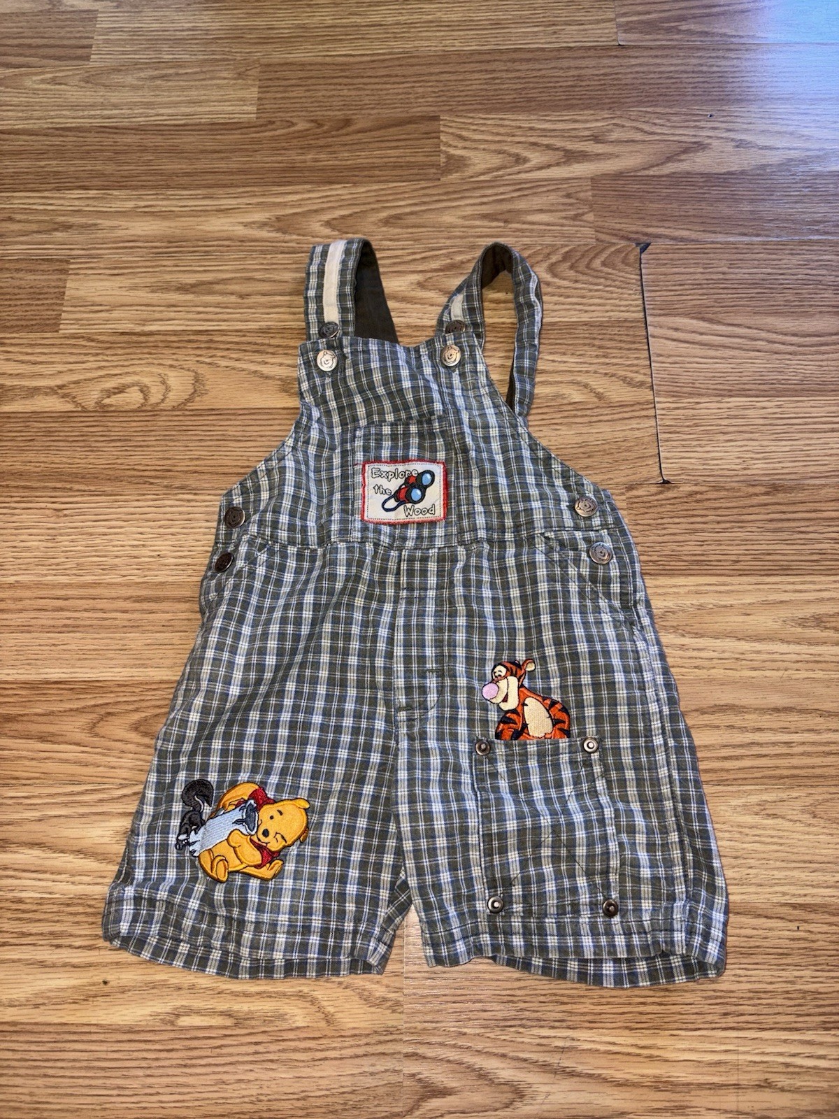 Vintage Y2K Disney Winnie The Pooh Tigger Plaid Short Overalls Size 3T Nice!