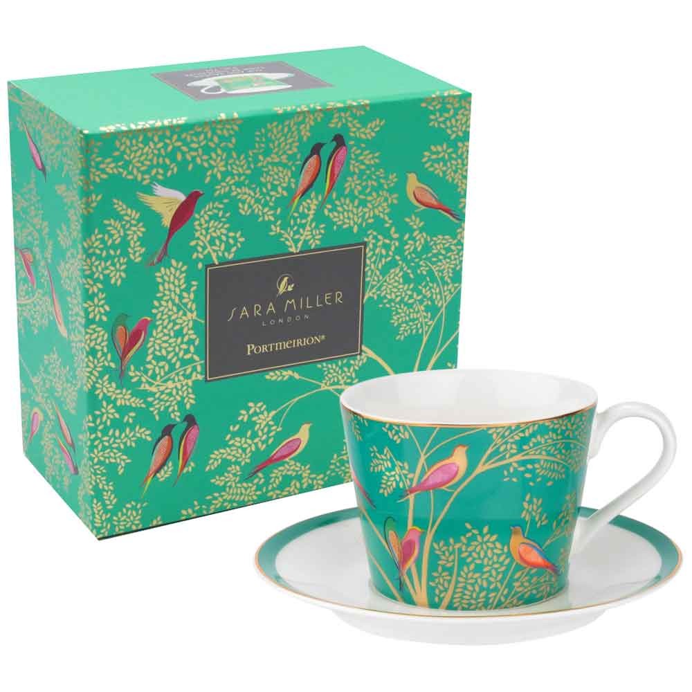 Sara Miller Chelsea Tea Cup & Saucer Green Birds Design Boxed from Portmeirion