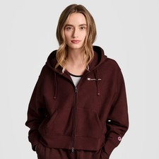 Champion Women Cropped Fleece Zip-Up Sweatshirt - Maroon XS