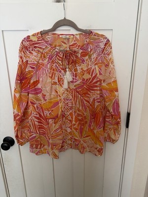 C&C California tropical floral blouse boho peasant tassel size medium cotton