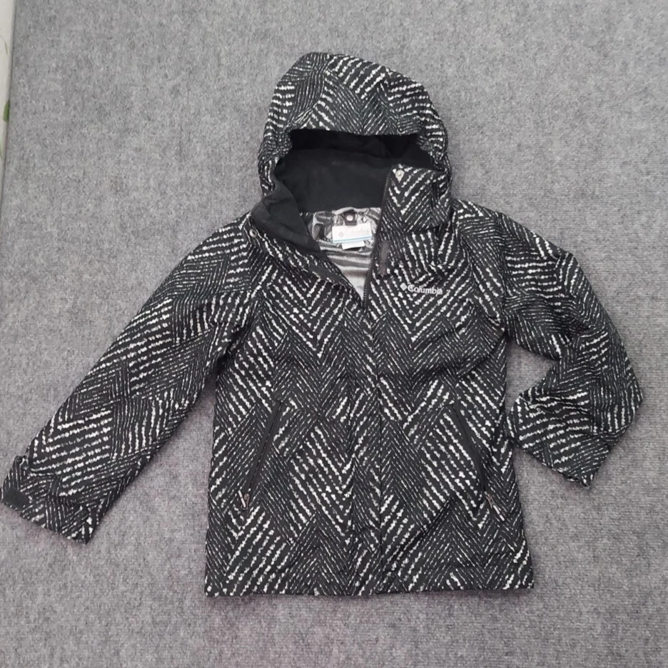 Columbia Omni Heat Jacket Kids Small 7/8 Black Stripe Print Full Zip Hooded Coat