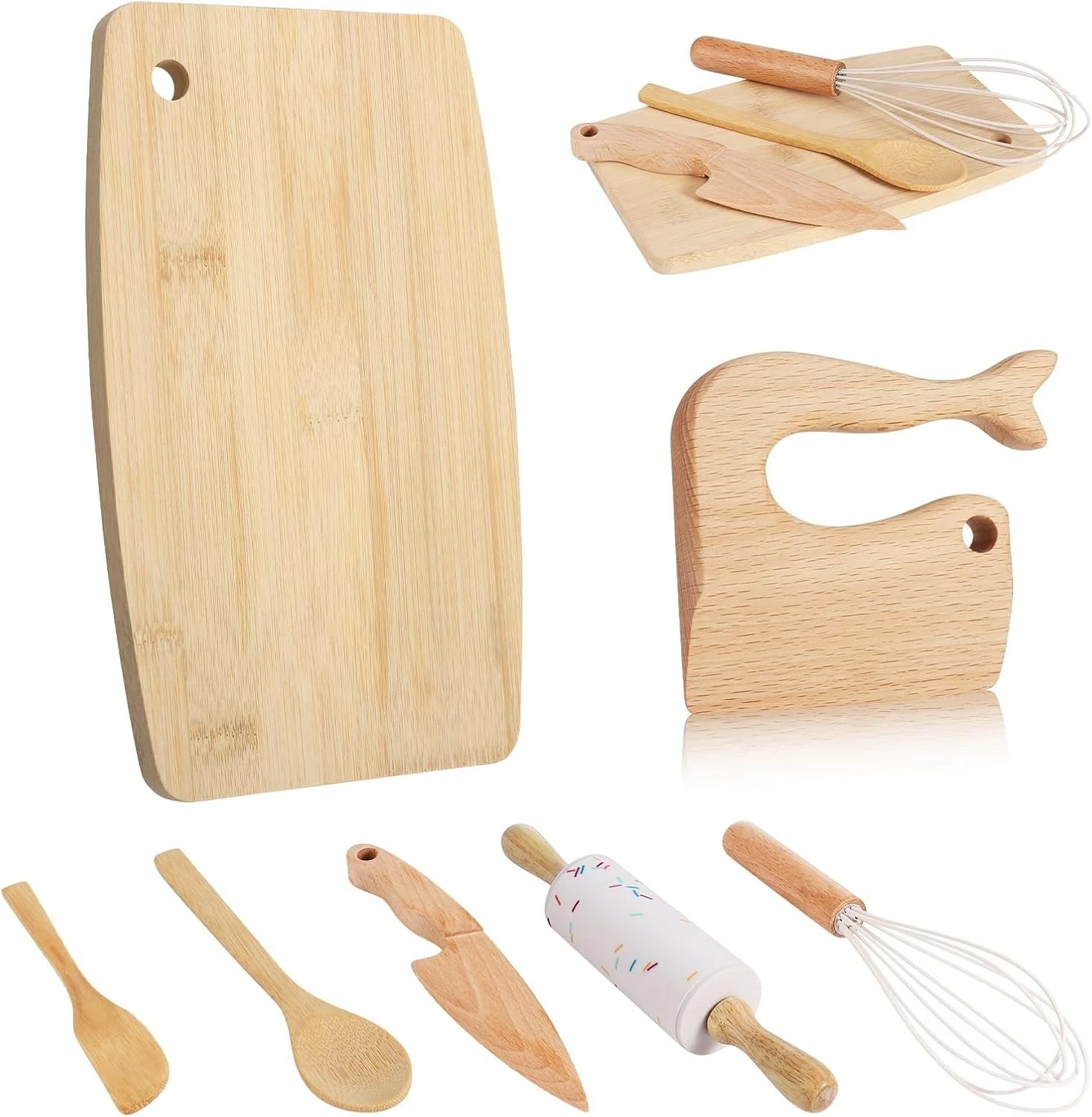 Kids Knife Set with Wooden Cutting Board and Kitchen Tools, 7 Piece Toddler