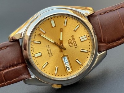 Seiko 5 SNX MODELL 37mm Gehäusegröße Gold Zifferblatt Tag-Datum Japan S-94