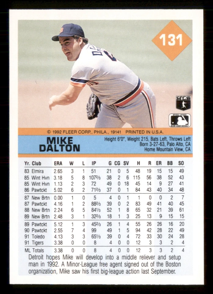 1992 Fleer #131 - Mike Dalton - Detroit Tigers - Image 2 of 2