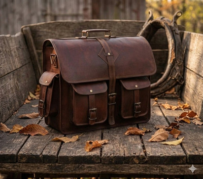 Men's 18'' Goat Leather Messenger Real Bag Laptop Brown Briefcase