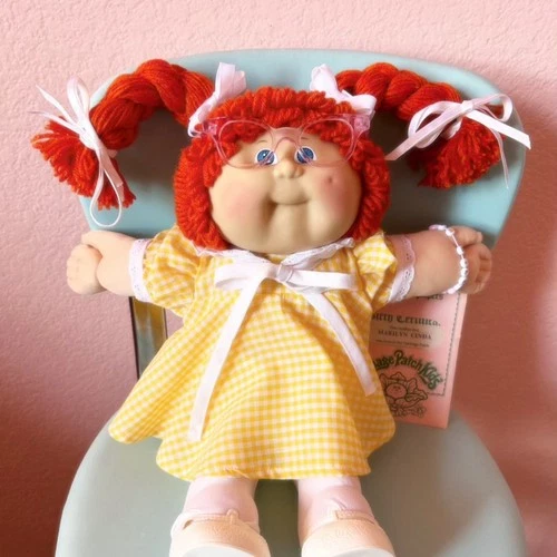 Cabbage Patch Kid Girl CPK Doll Red Hair HM#8 Pigtails Glasses Yellow Dress