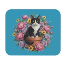Tuxedo Cat in Flower Pot Mouse Pad Floral Cat Desk Mat