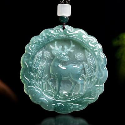 Certified Grade A Natural Ice Burma Jade jadeite Sika Deer Luck Pendant Necklace