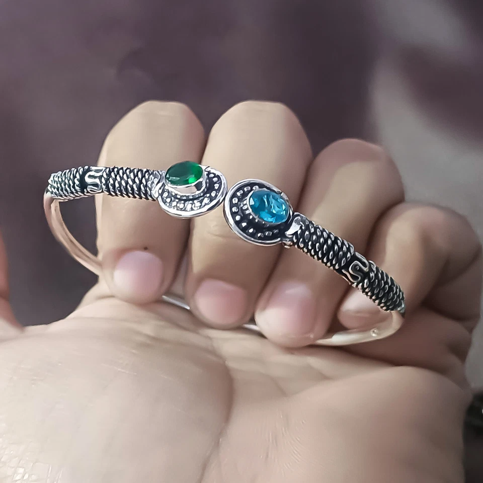 Brazalete brazalete de plata de ley 925 con topacio azul y piedras preciosas de diopsido joyería antigua Foto 2 de 4