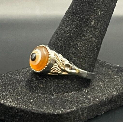 Silver Tone Orange Eye Ring - Size 10