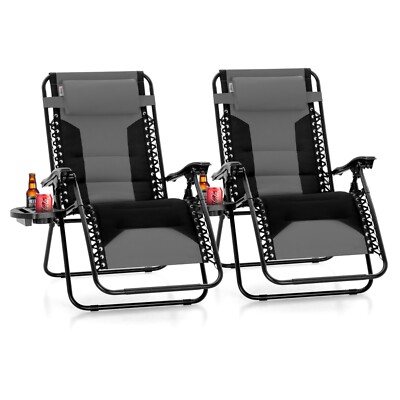 2Pcs Foldable Zero Gravity Chair Patio Lawn Chairs Lounge Recliner w/ Cup Holder