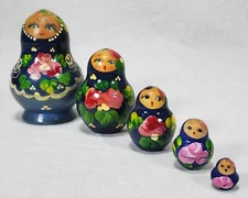 Vtg 5 Pc Russian Matryoshka Nesting Dolls Wooden Hand-painted
