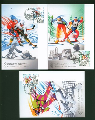 1991 LIECHTENSTEIN MAXIMUM KARTEN NR.105 SET 3 POSTKARTEN OLYMPISCHE WINTERSPIELE