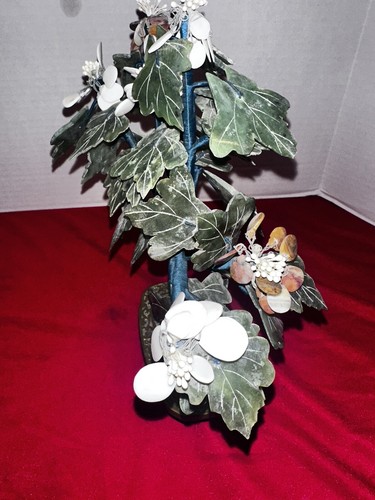 Antique Chinese Jade Soapstone HardStone Gemstone Floral Bonsai Tree Brass Base - Picture 7 of 10