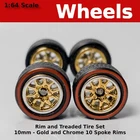 10/10mm Gold/Chrome 10 Spoke Redline Treaded rubber tire set. for Hot Wheels