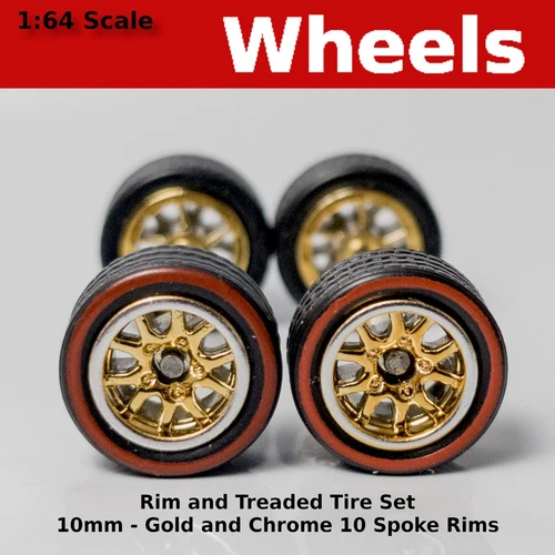10/10mm Gold/Chrome 10 Spoke Redline Treaded rubber tire set. for Hot Wheels