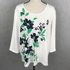 Alfred Dunner Floral Top Shirt Size XL  Rhinestones 3/4 Sleeve Knit Cotton