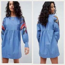 Free People Mini Obsessions Dress Embroidered Dolman Long Sleeve Mini Blue NWD L