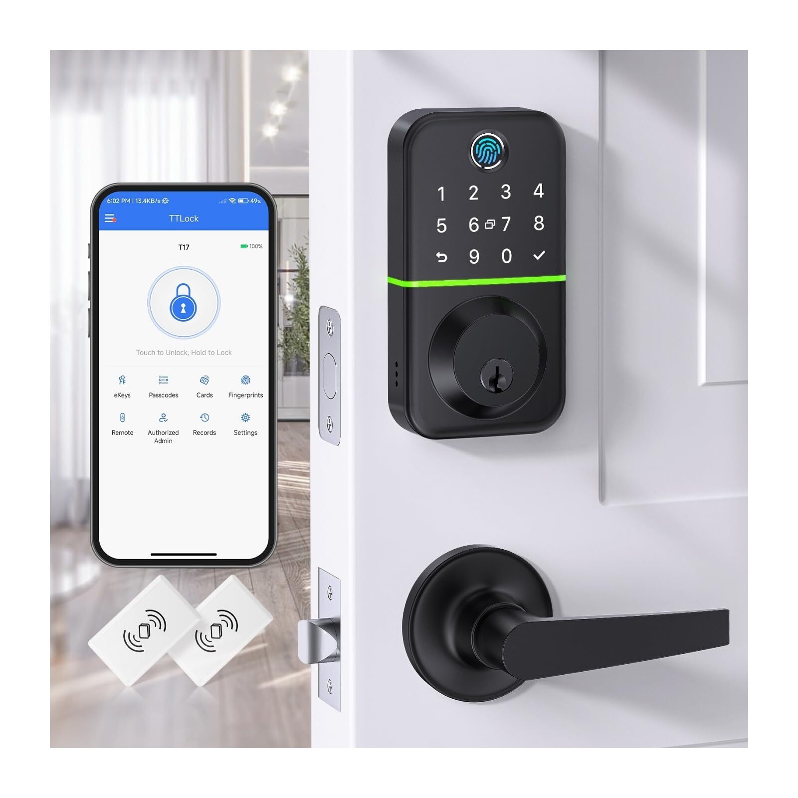 Fingerprint Smart Keypad Deadbolt Lock with 2 Levers & Handle Set