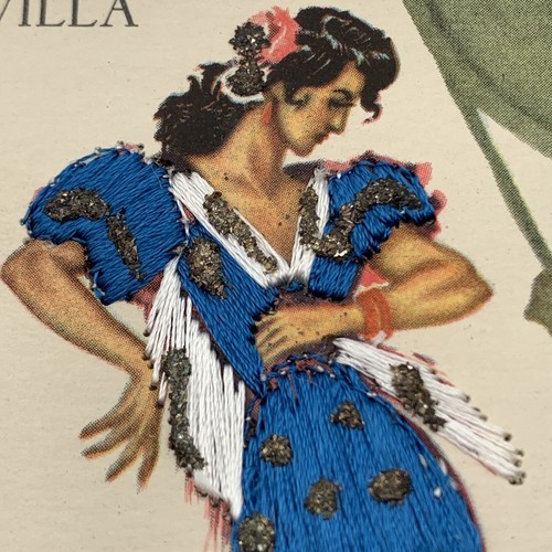 Silk Thread Postcard Spain Sevilla A Ibarra Flamenco Dancer Senorita 1950s - Picture 2 of 11