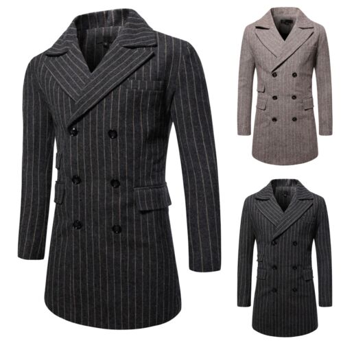 Male Fall&Winter Trench Coat Double Breasted Striped Button Lapel Pocket Jackets - Picture 1 of 19
