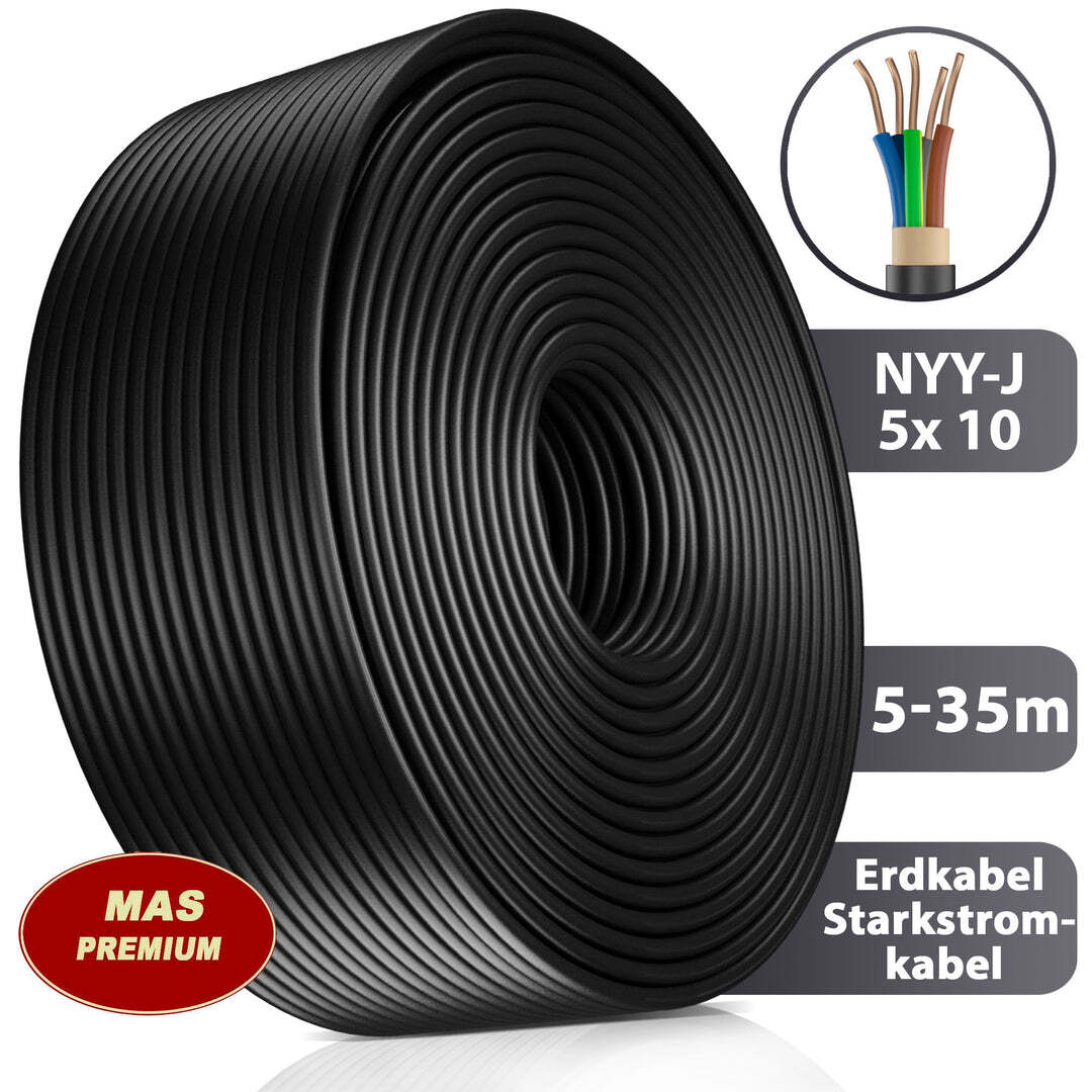Starkstrom Erdkabel NYY-J 5x1,5 Mm² – 10 Meter Schwarz – Für Erdverlegung, Außenbereich Und Feuchte Umgebungen