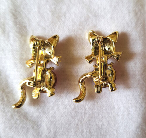 Vintage Set of 2 Cat Pins w Red and Green Rhinestones & Pink Cabochon - Picture 3 of 4