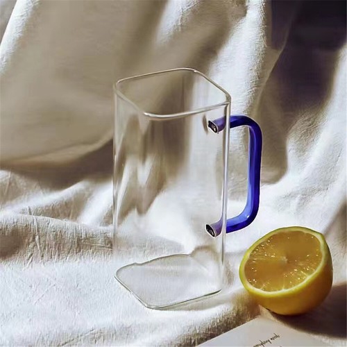 Square Glass Cup With Wooden Cover Colored Handle High Borosilicate