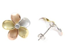 YELLOW ROSE GOLD SILVER 925 TRICOLOR HAWAIIAN PLUMERIA STUD EARRINGS CZ 8MM-18MM