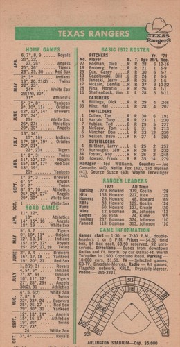1972 Texas Rangers First Year Arlington Diagram Stadium Team Schedule Roster 4x7