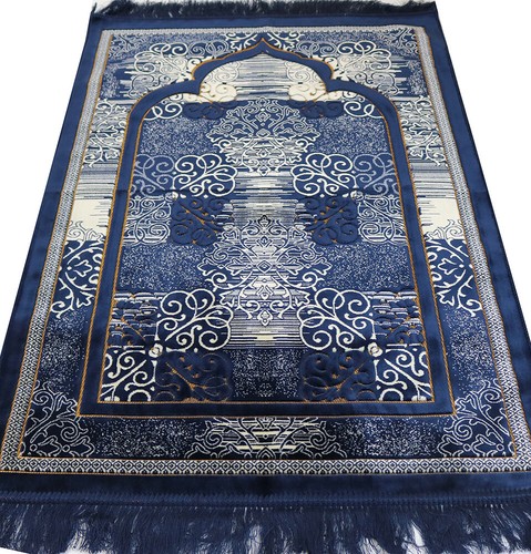 Modefa Samt Gebetsteppich Sajjadah Janamaz Stempel klassisch elegant Wirbel marineblau - Bild 8 von 8