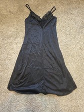 Vtg 70s Angela Black Lace Slip Dress Lingerie tag 36 Style 142 nylon