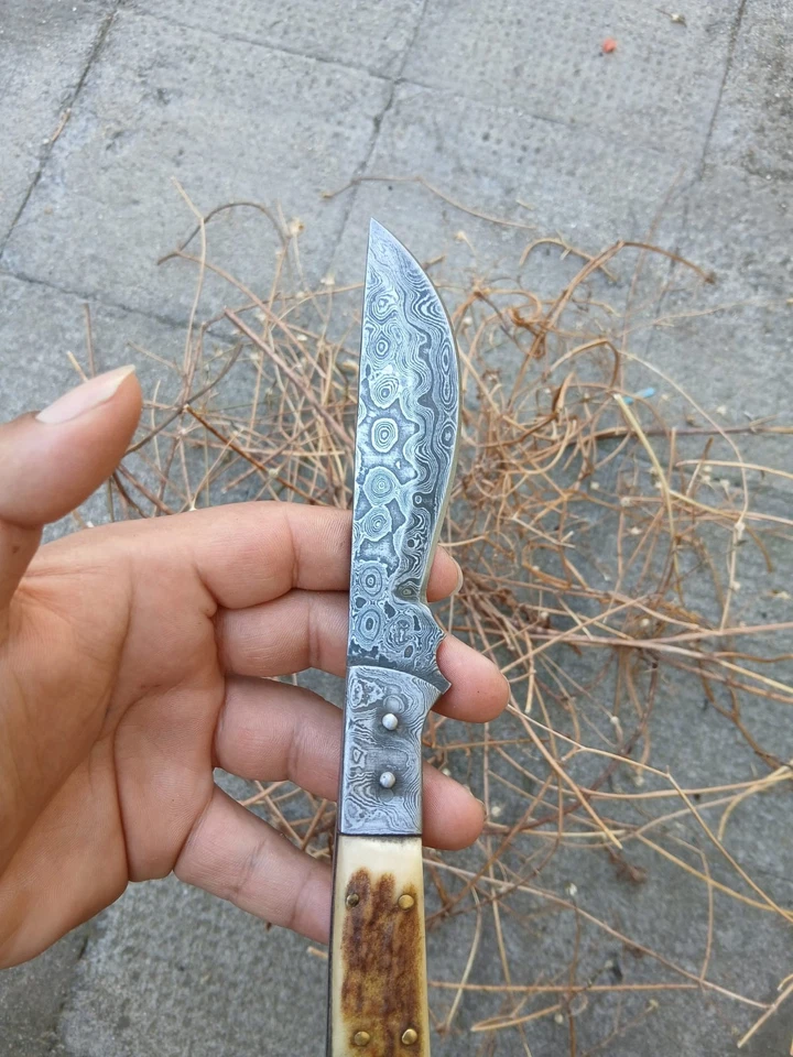 Damast Jagdmesser – Feststehende Klinge | Handgeschmiedet | Hirschhorn-Griff - Bild 2 von 4