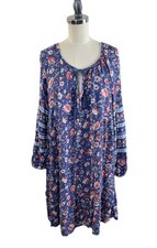 Old Navy Dress Size L Long Sleeve Mini Swing Dress Blue Floral Boho Rayon